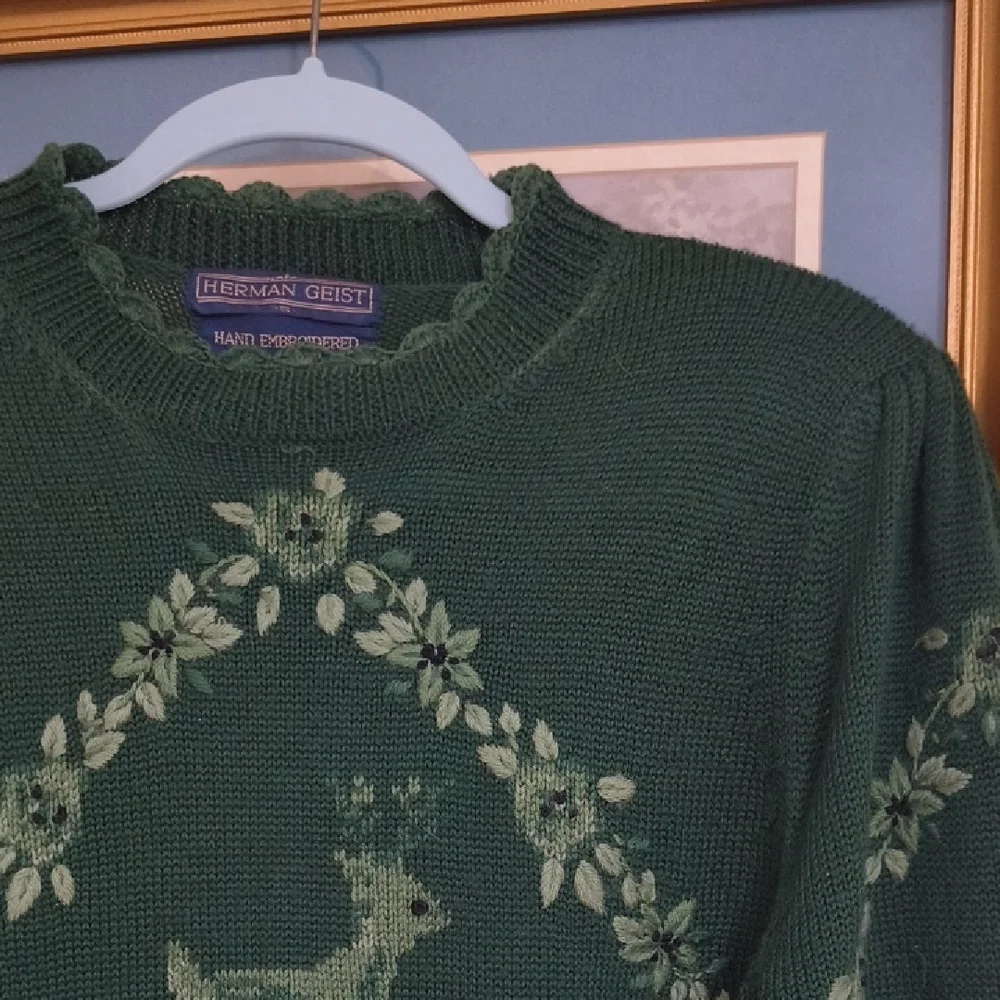 Herman Geist Green Sweater Deer Design Vintage Grandmacore Eclectic Cottagecore - Picture 8 of 14